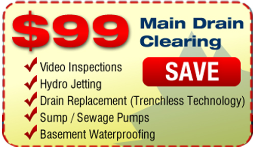 A coupon that reads "$99 Main Drain Clearing."